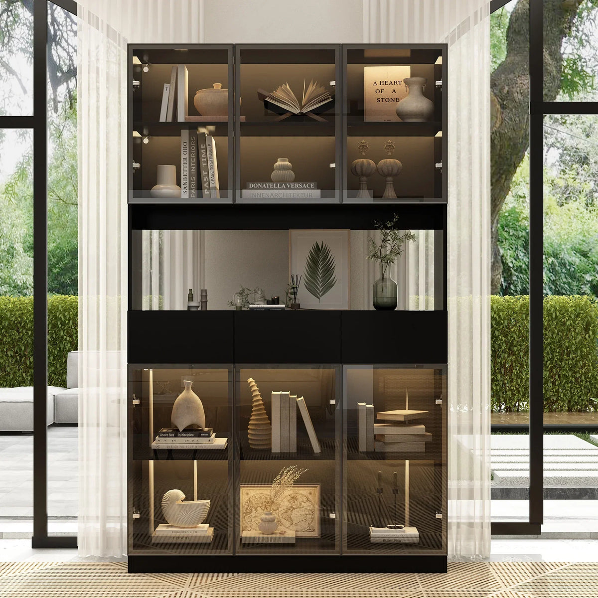 Nouveauté 2026 – Bibliothèque/organisateur KULAGAGA avec éclairage LED, vitrine robuste avec porte vitrée pour salon, 80 cm de large