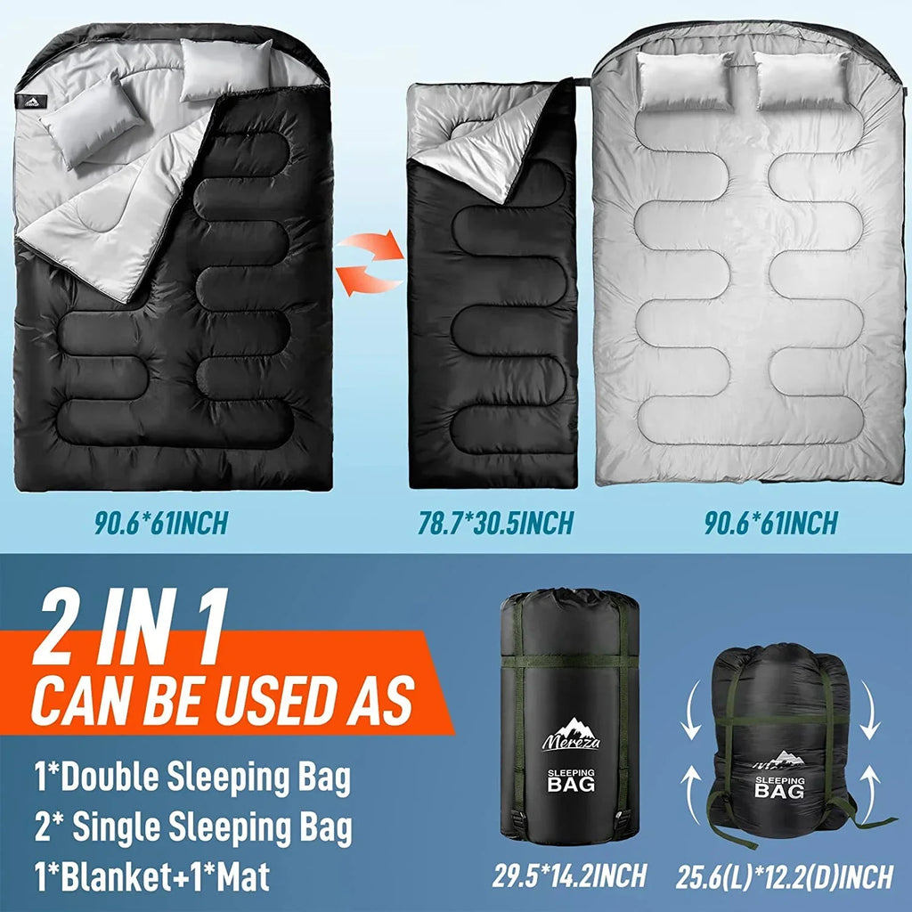 Nouveauté 2026 – Sac de couchage double pour adultes (hommes) avec oreiller, taille XL/Queen, idéal pour le camping, la randonnée et le trekking toutes saisons, par temps froid et chaud