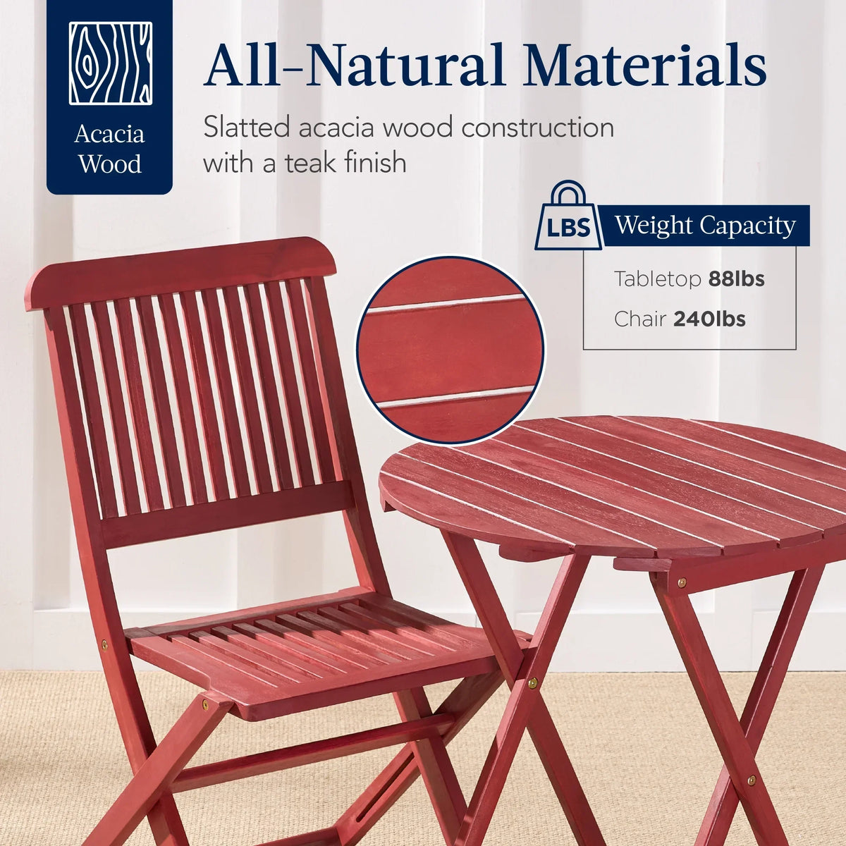 Nouveauté 2026 – Ensemble bistro 3 pièces en bois d'acacia Best Choice Products , mobilier de patio pliant avec 2 chaises et une table - Naturel
