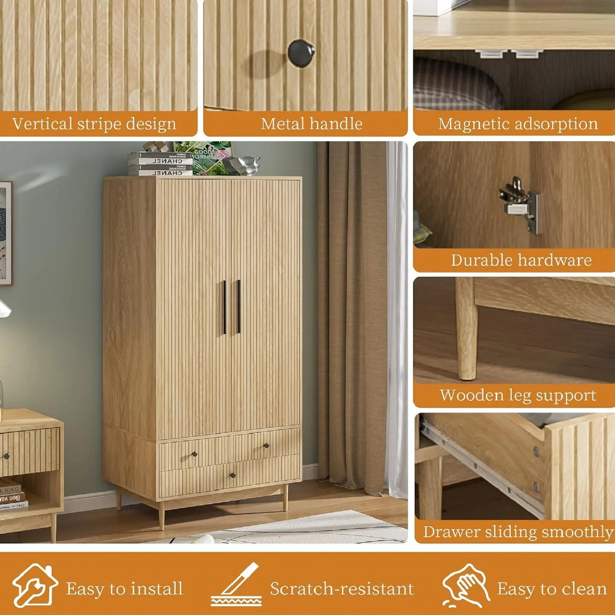 Nouveauté 2026 – Armoire-penderie Armoire à 2 portes, avec penderie et tiroirs, en bois blanc, idéale pour la chambre à coucher
