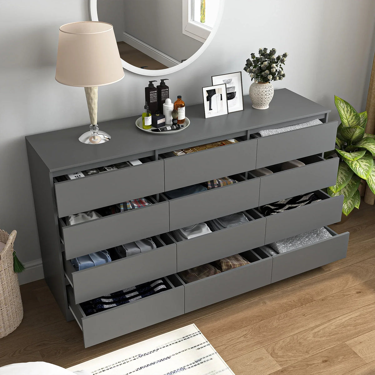Nouveauté 2026 – Commode Resenkos moderne style milieu du siècle, 6 tiroirs, large, pour chambre à coucher, grise