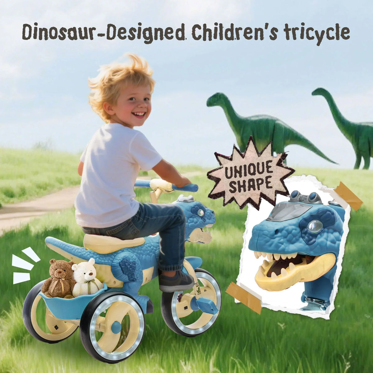 Nouveauté 2026 – Tricycle dinosaure Xuanlur pour enfants , avec larges roues lumineuses, pédales antidérapantes, panier arrière, musique et lumières LED, jouet idéal pour les enfants de 3 à 6 ans (vert