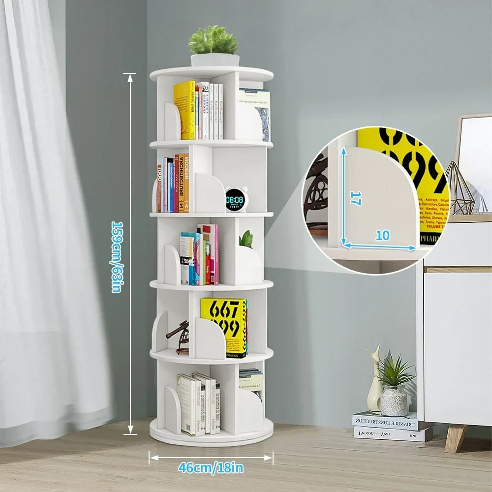 Nouveauté 2026 – Bibliothèque pivotante Bimiti 5 niveaux, rotation à 360°, 20 étagères, sur pied, blanche, 160 x 46 x 46 cm, pour adultes