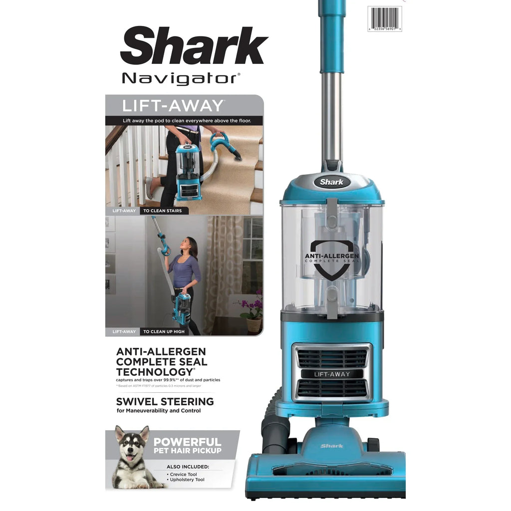 Nouveauté 2026 – Aspirateur vertical Shark Navigator Lift-Away : aspiration puissante, sans sac, pour sols durs et moquettes, grand bac à poussière, filtre HEPA, direction pivotante, suceur plat et brosse pour tissus d'ameublement, NV380, bleu