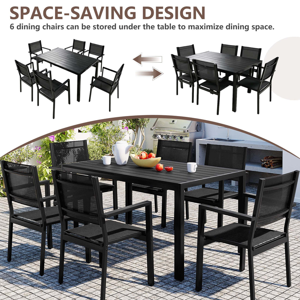 Nouveauté 2026 – Ensemble de salle à manger d'extérieur 7 pièces , comprenant une table et des chaises pour 6 personnes, un plateau en plastique imitation bois et un mobilier de jardin en textilène. Idéal pour terrasse ou patio