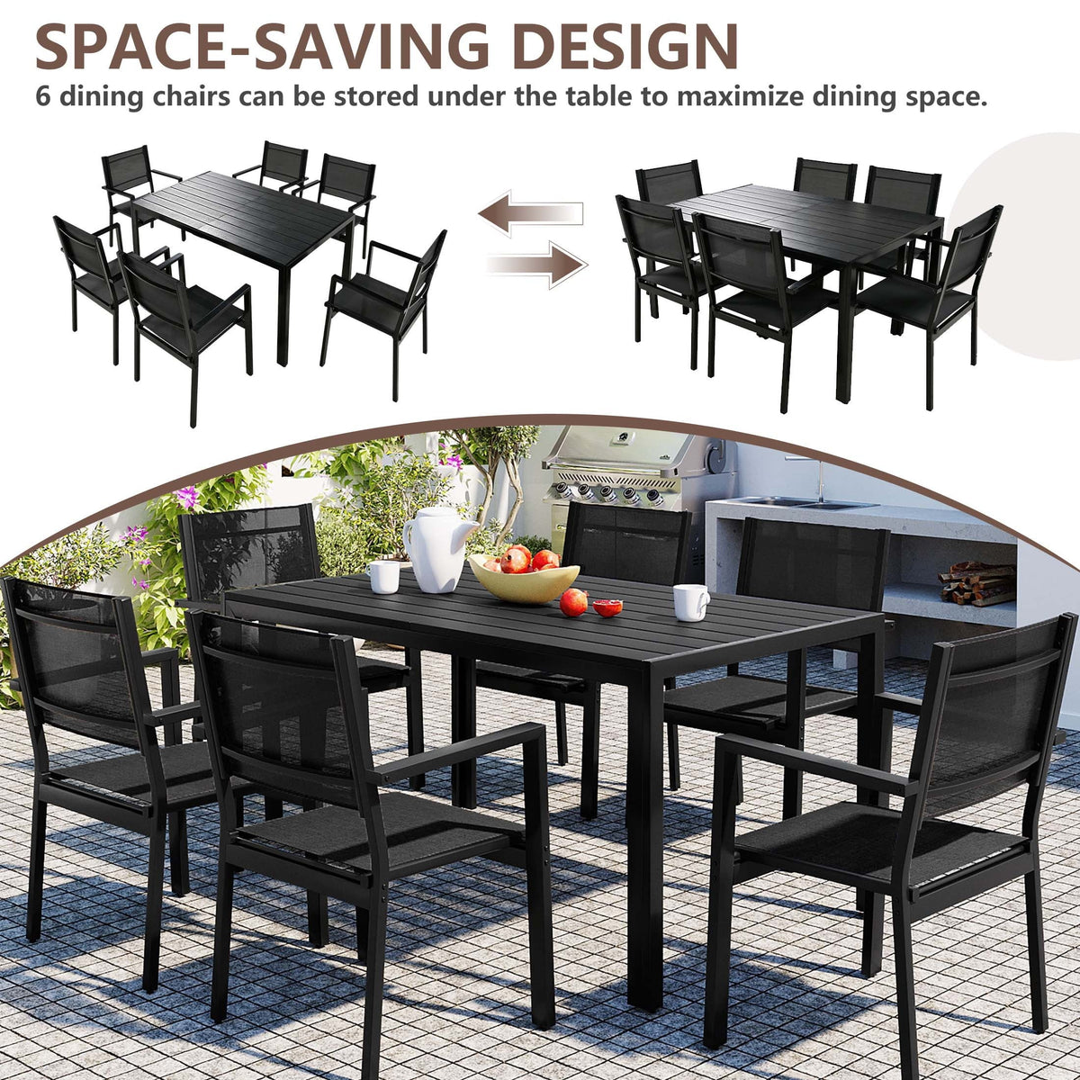 Nouveauté 2026 – Ensemble de salle à manger d'extérieur 7 pièces , comprenant une table et des chaises pour 6 personnes, un plateau en plastique imitation bois et un mobilier de jardin en textilène. Idéal pour terrasse ou patio