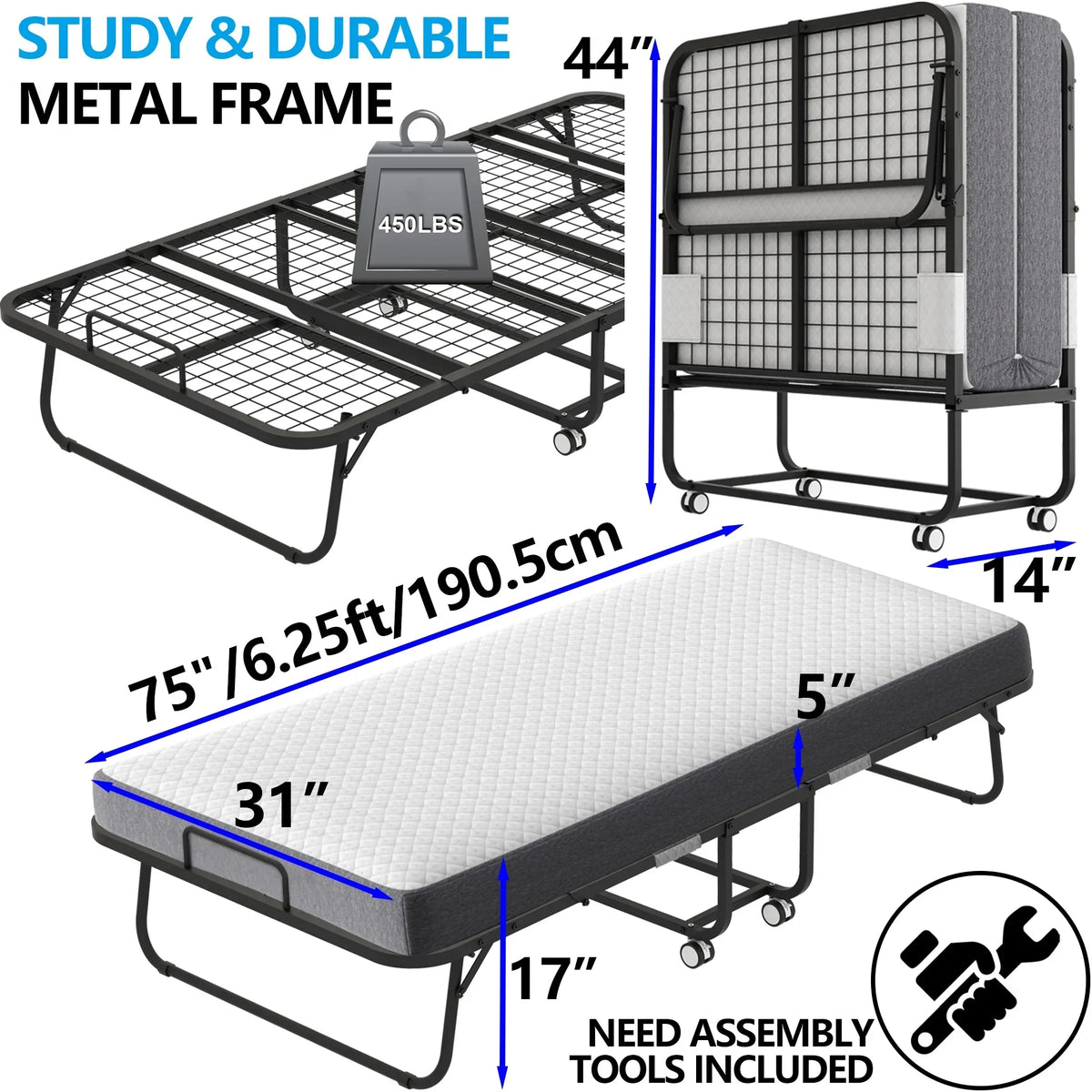Nouveauté 2026 – Lit pliant Flying avec matelas, format 190 x 79 cm, lit d'appoint pliable et portable pour adultes, avec matelas en mousse à mémoire de forme de 13 cm, structure métallique robuste et peu encombrante