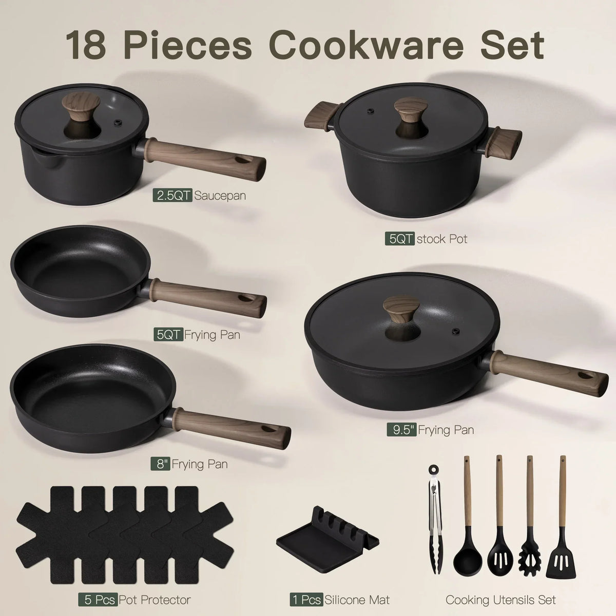 Nouveauté 2026 – Ensemble de 18 pièces Astercook , casseroles et poêles antiadhésives avec élégante poignée en bois, compatible four jusqu'à 250 °C (480 °F), compatible induction, idéal pour les voyages en camping-car, le camping et les pique-niques,