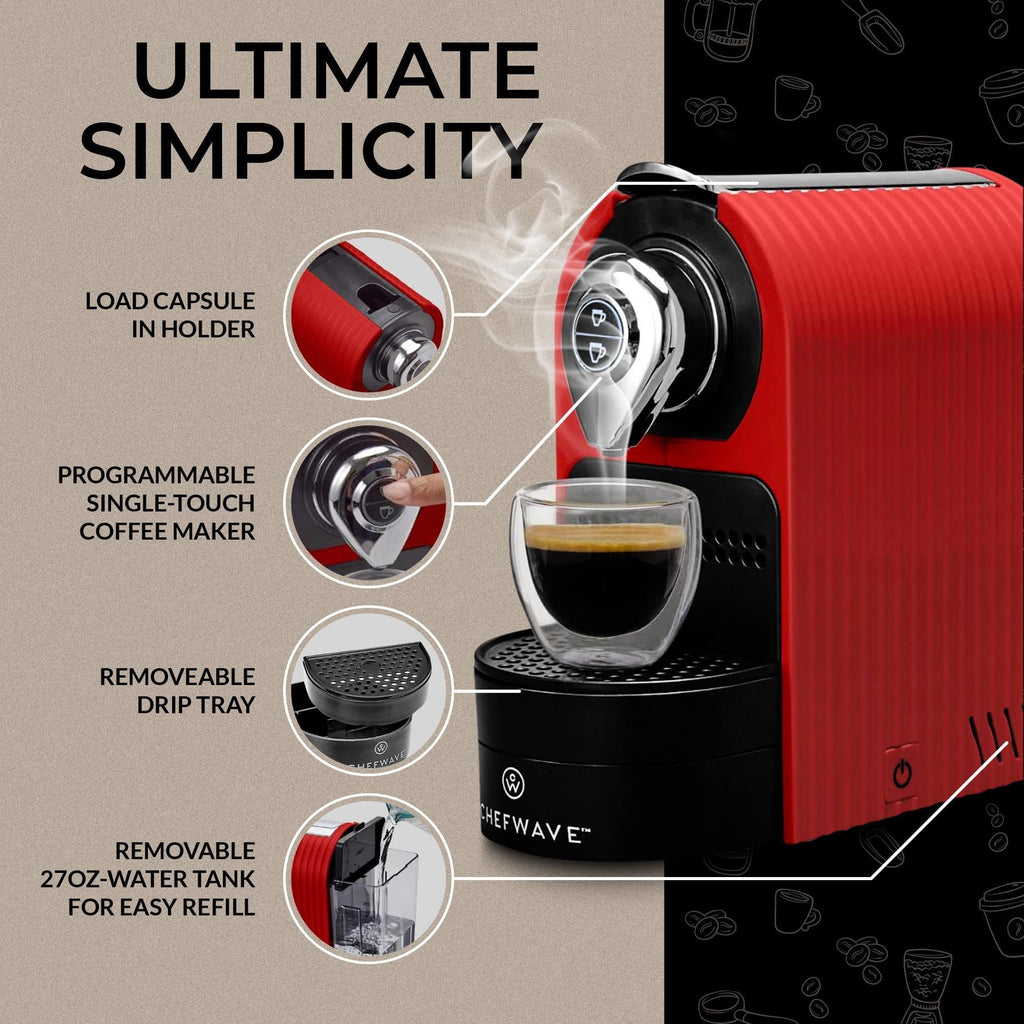 Nouveauté 2026 – Machine à expresso ChefWave pour capsules Nespresso (rouge), porte-capsules et tasses inclus