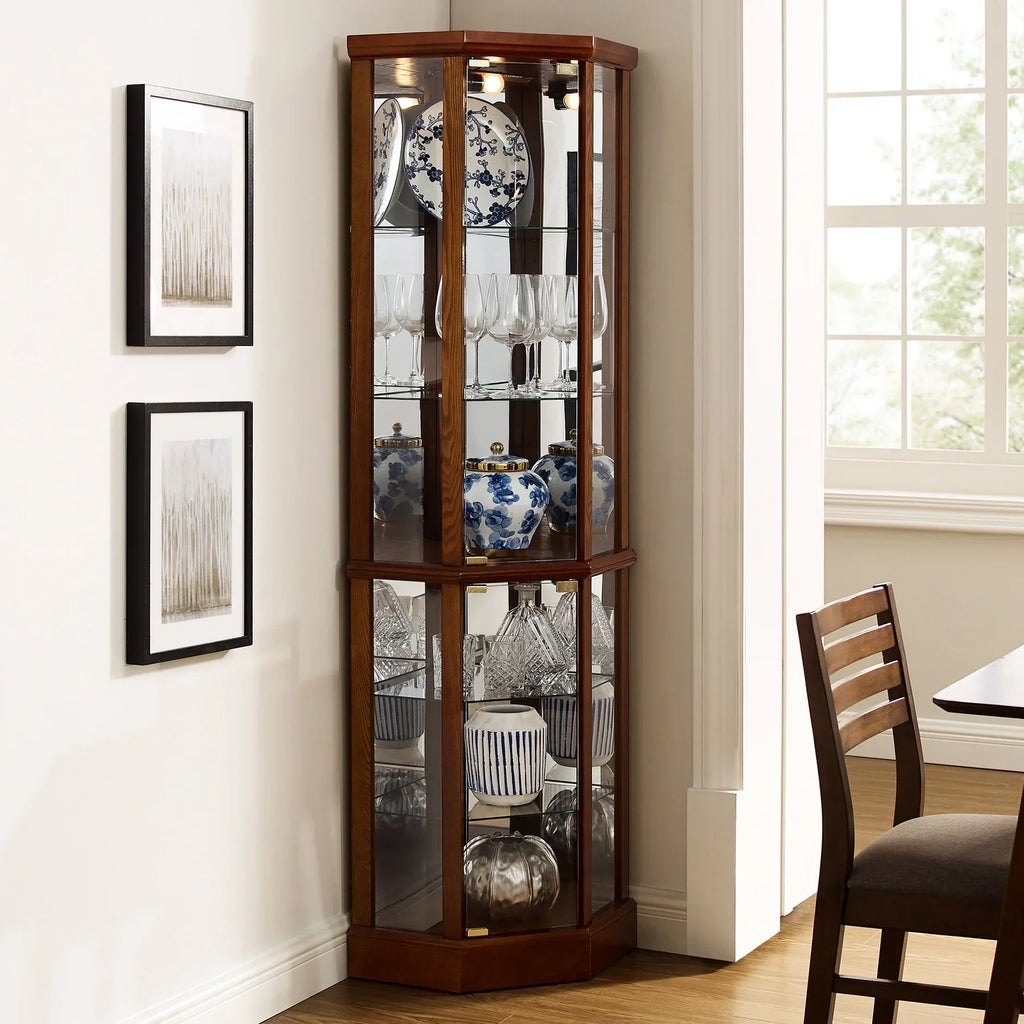 Nouveauté 2026 – Vitrine d'angle en noyer avec 6 étagères, fond en verre et miroir réglable, éclairage intégré