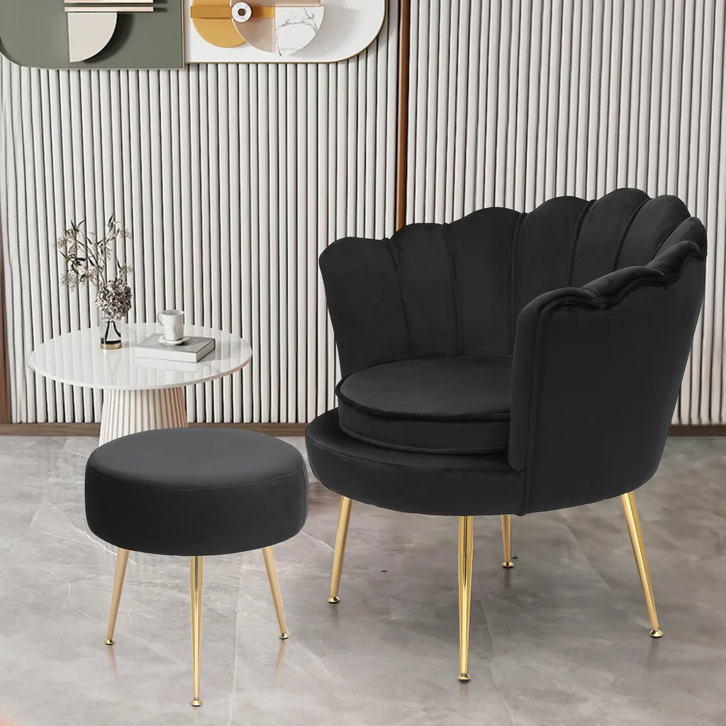 Nouveauté 2026 – Ensemble de 2 fauteuils d'appoint MoNiBloom , capitonnés en velours, avec coussin et repose-pieds. Fauteuil moderne rembourré, assise capitonnée et pieds en métal doré, idéal pour le salon. Couleur : noir