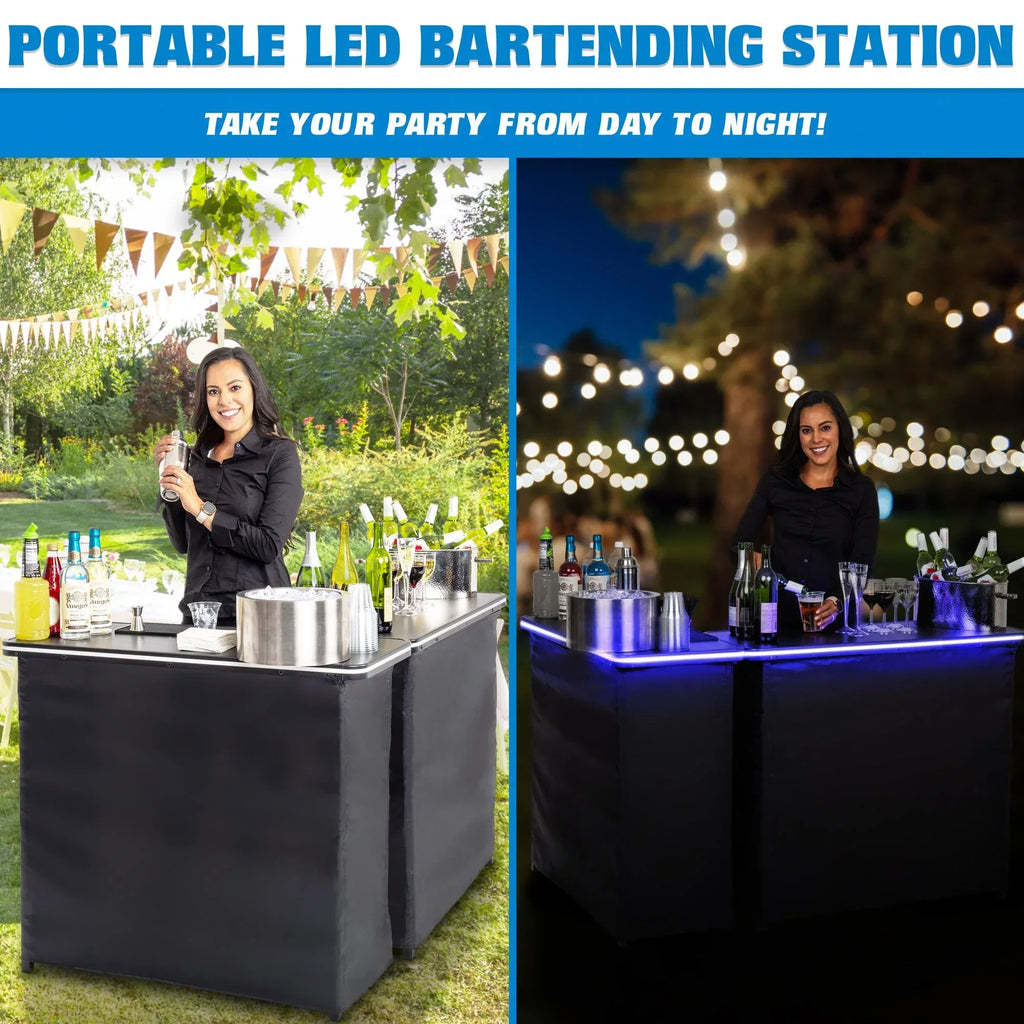Nouveauté 2026 – Ensemble table de bar double portable GoBar avec lumières LED multicolores - Station de bar mobile pour événements - Étui de transport inclus