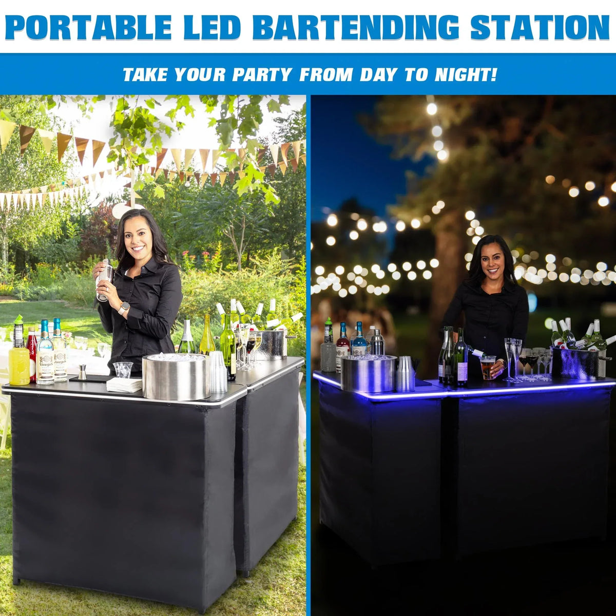 Nouveauté 2026 – Ensemble table de bar double portable GoBar avec lumières LED multicolores - Station de bar mobile pour événements - Étui de transport inclus