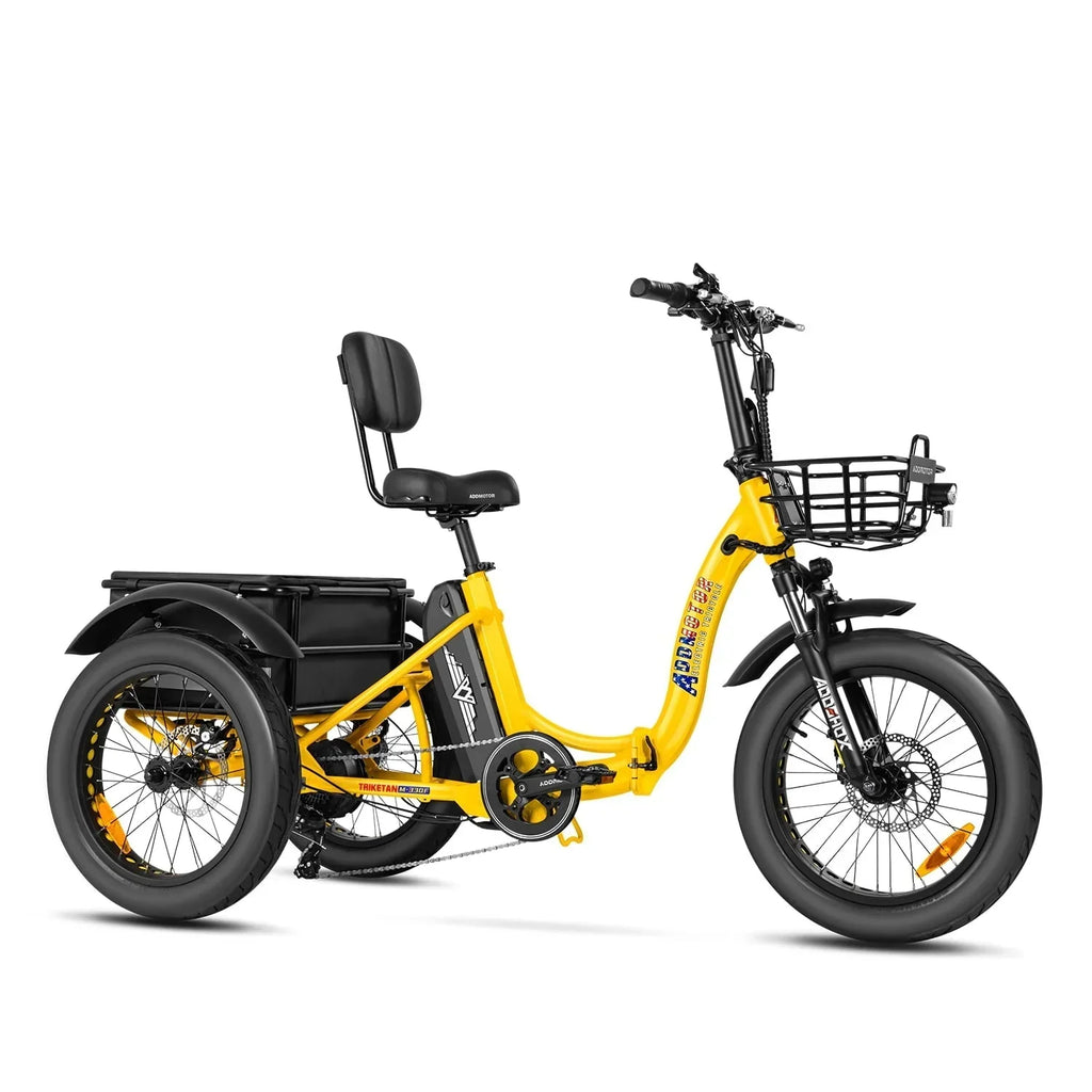 Nouveauté 2026 – Tricycle électrique Addmotor , 750 W, pliable, pour adultes, batterie amovible 48 V 20 Ah, pneus larges 20 pouces avec différentiel arrière, M-330F jaune