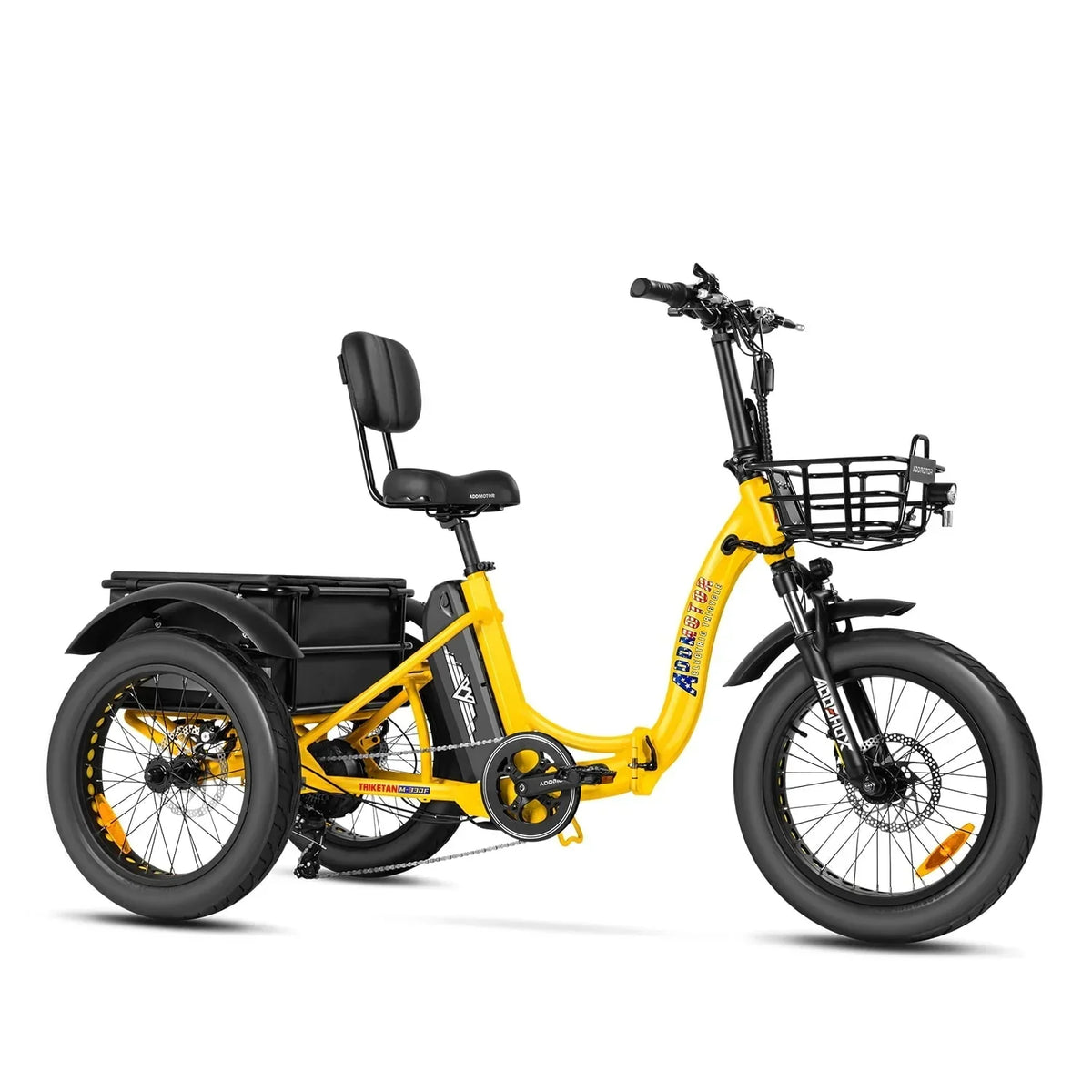 Nouveauté 2026 – Tricycle électrique Addmotor , 750 W, pliable, pour adultes, batterie amovible 48 V 20 Ah, pneus larges 20 pouces avec différentiel arrière, M-330F jaune