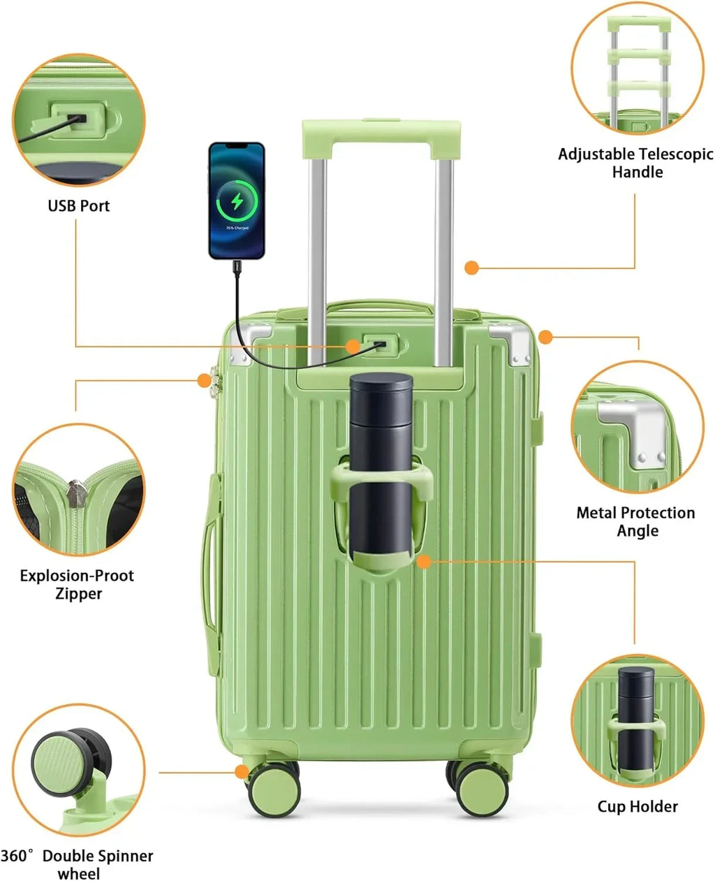 Nouveauté 2026 – Valise cabine 20 de 51 cm (20 pouces) avec porte-gobelet et port USB, approuvée par les compagnies aériennes et verrouillable TSA, légère, en polycarbonate, avec roulettes pivotantes à 360°