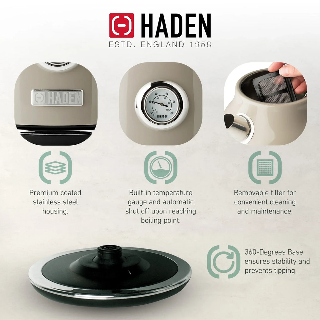 Nouveauté 2026 – Bouilloire électrique Haden Dorset 1,7 litre avec socle, mastic et chrome