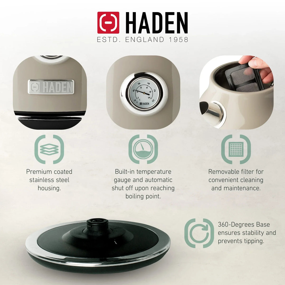 Nouveauté 2026 – Bouilloire électrique Haden Dorset 1,7 litre avec socle, mastic et chrome