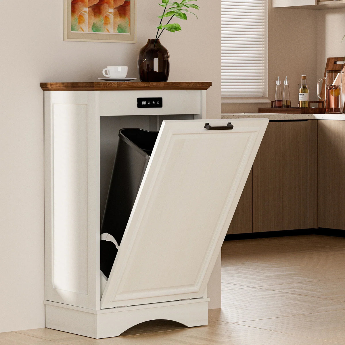 Nouveauté 2026 – Meuble poubelle basculant HARIPUL pour bac à déchets de 49 litres (13 gallons), meuble poubelle de cuisine autoportant avec tiroirs, blanc