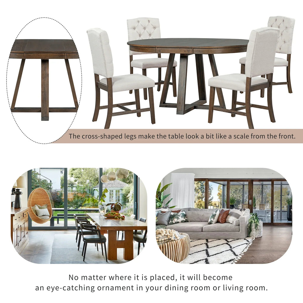Nouveauté 2026 – Ensemble de salle à manger rond 5 pièces , comprenant une table extensible et 4 chaises rembourrées, en bois, pour 4 personnes. Style campagnard, idéal pour la cuisine, la salle à manger ou un appartement. Couleur : marron