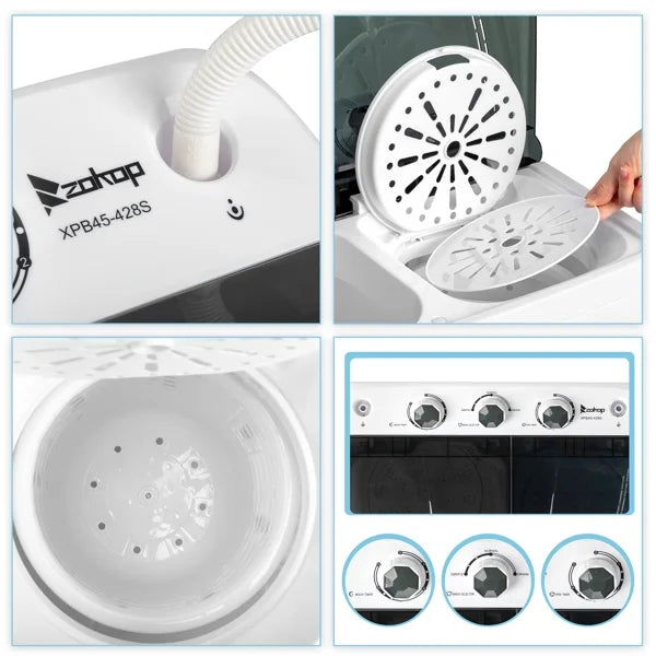 Nouveauté 2026 – Lave-linge semi-automatique compact 1300 tr/min, 9 kg (20 lb), double cuve, avec pompe intégrée, idéal pour appartement, résidence étudiante, camping-car et camping. Blanc/noir