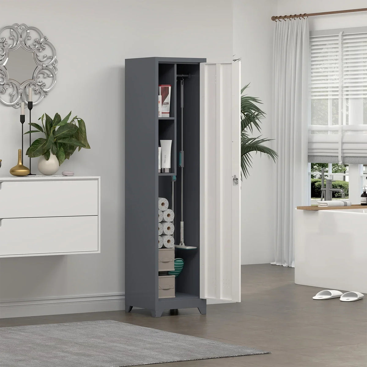 Nouveauté 2026 – Armoire à balais Marcree Slim , armoire métallique avec étagères et tringle de suspension, armoire de rangement utilitaire de 165 cm avec porte verrouillable, armoire de rangement haute pour produits de nettoyage, idéale pour la cuis