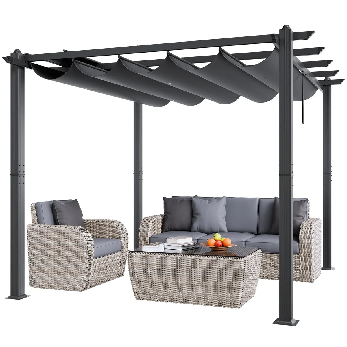Nouveauté 2026 – Pergola en aluminium KFFKFF 3 m x 3 m, avec auvent rétractable, idéale pour patio, jardin, terrasse et cour arrière - Gris