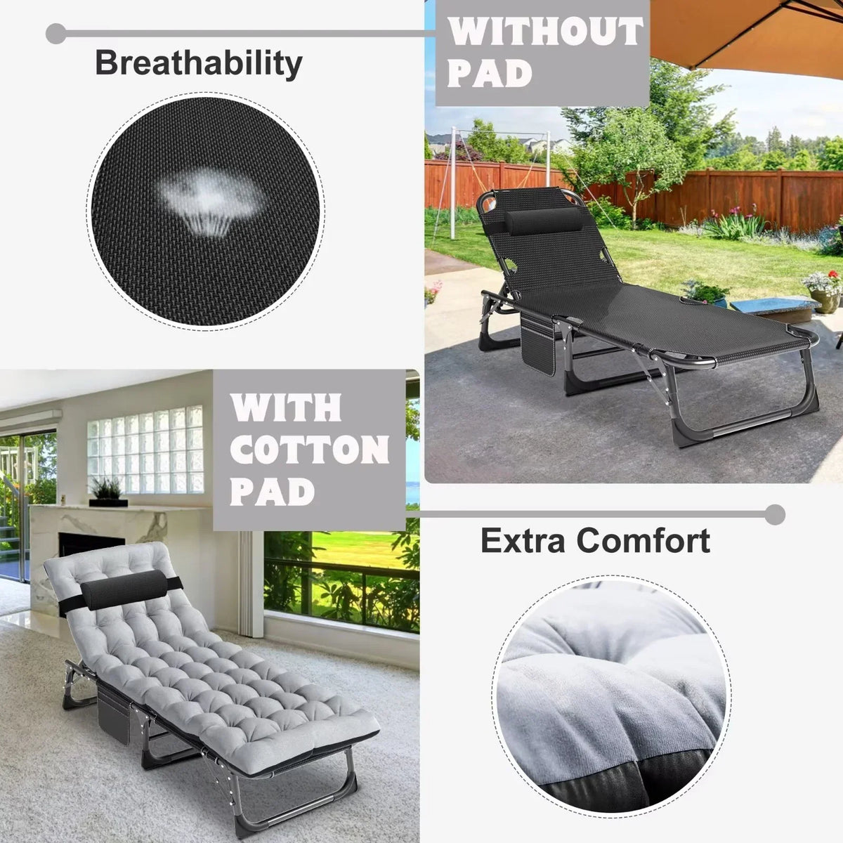 Nouveauté 2026 – Chaise longue MOPHOTO avec matelas, supportant jusqu'à 200 kg, lit de camp portable et robuste, réglable, idéal pour le camping, la piscine, la plage et la terrasse