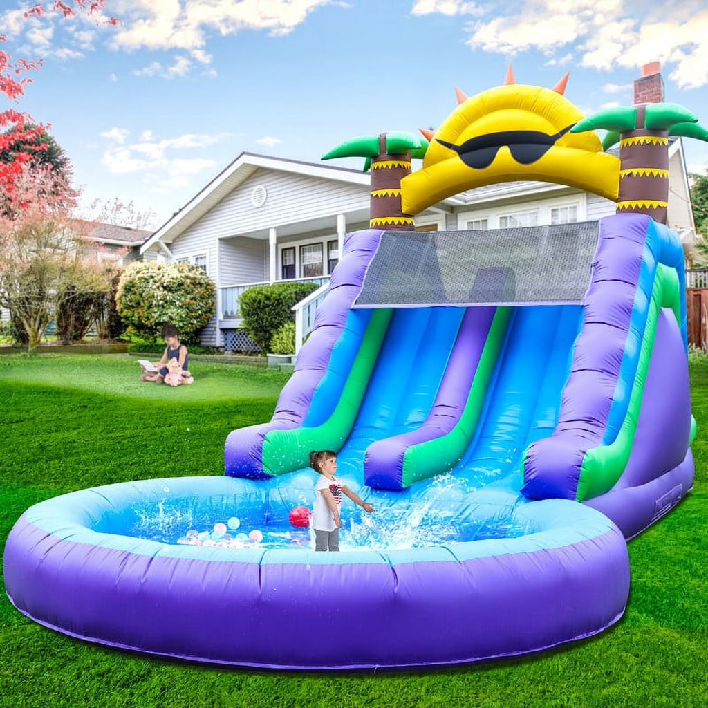 Nouveauté 2026 – Toboggan aquatique gonflable double Relunch (26 pi) pour enfants et adultes, parc aquatique gonflable en PVC avec souffleur, piscine géante pour s'amuser dans la cour et en plein air, 7,9 m (26 pi) L x 3,7 m (12 pi) l x 4,3 m (14 pi)