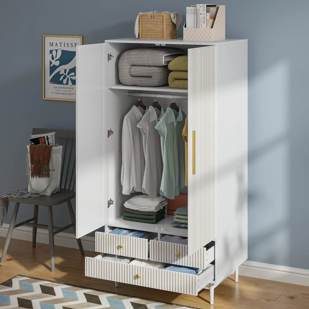 Nouveauté 2026 – Armoire-penderie Armoire , meuble de rangement avec tiroirs et penderie pour chambre à coucher, blanc