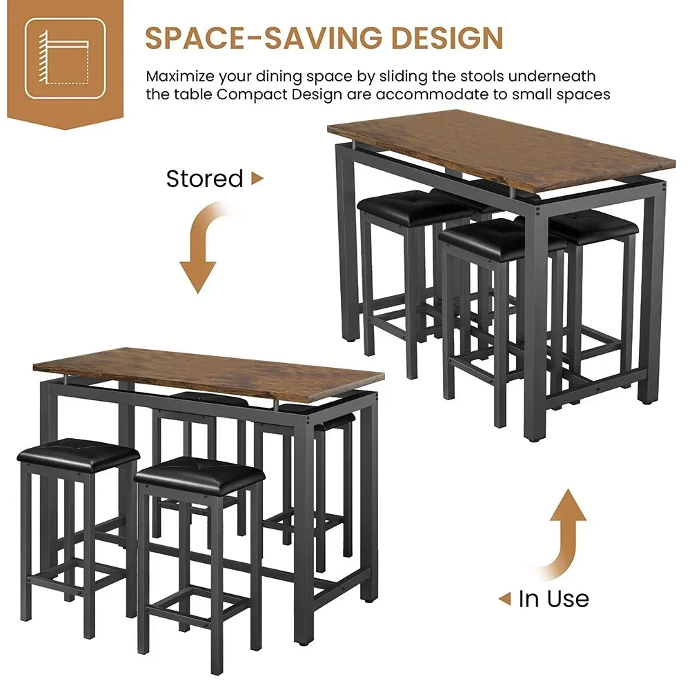 Nouveauté 2026 – Ensemble de table haute 5 places , table de bar et tabourets assortis, table à manger minimaliste avec tabourets sans dossier, ensemble table et chaises de bar avec plateau en bois pour cuisine, appartement ou bistrot - Gain de place