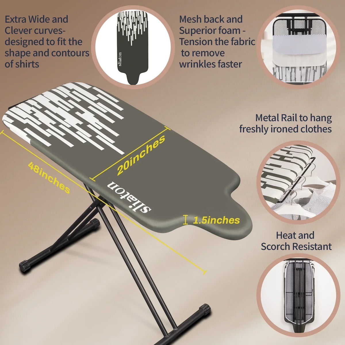 Nouveauté 2026 – Planche à repasser extra large KDJ HOME Slieton avec barre de suspension, 51 cm de large (20 pouces