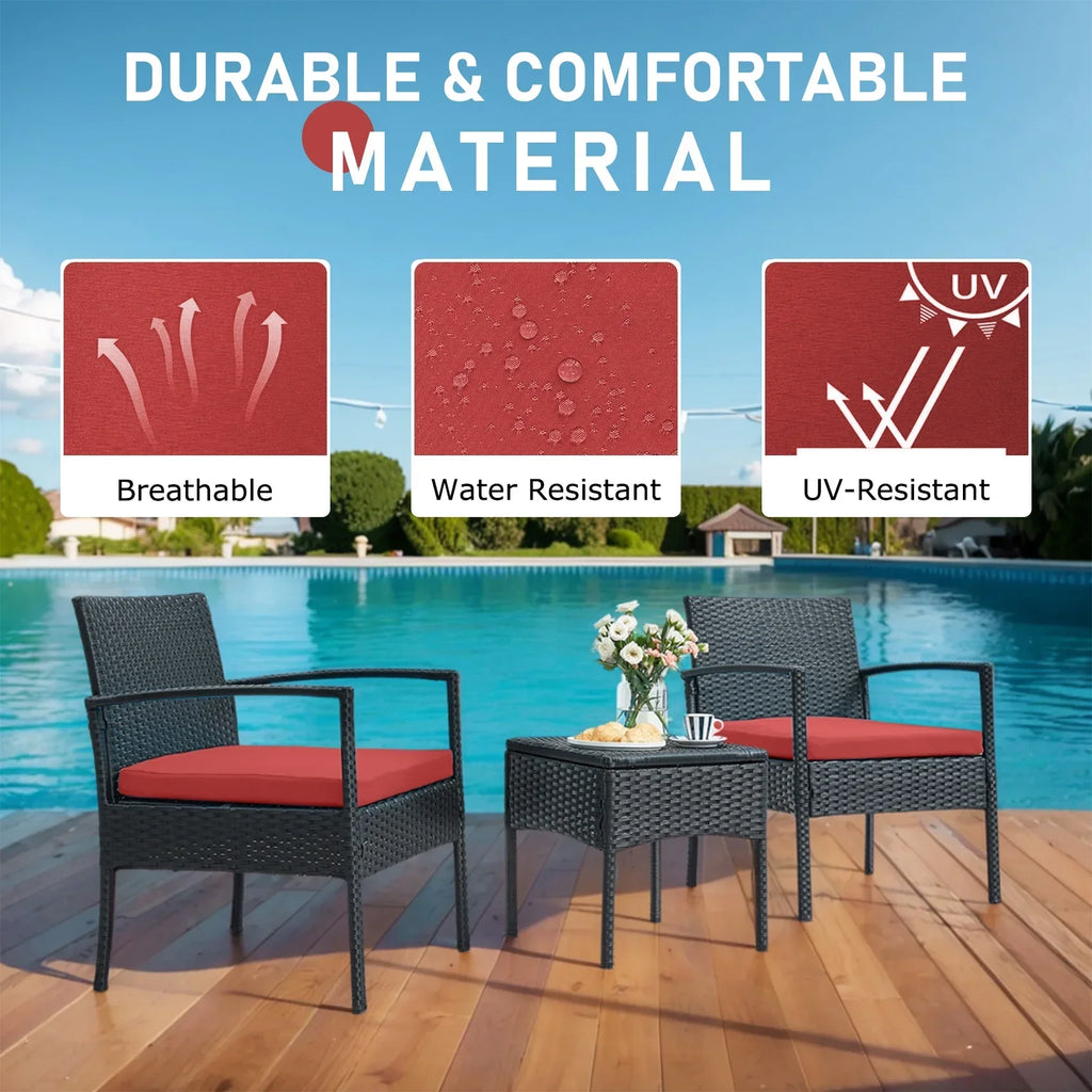Nouveauté 2026 – Ensemble de mobilier de jardin Tappio , 3 pièces, style bistro, comprenant des chaises de conversation en rotin, une table d'appoint et des coussins. Idéal pour balcon, jardin ou terrasse. Couleur : rouge