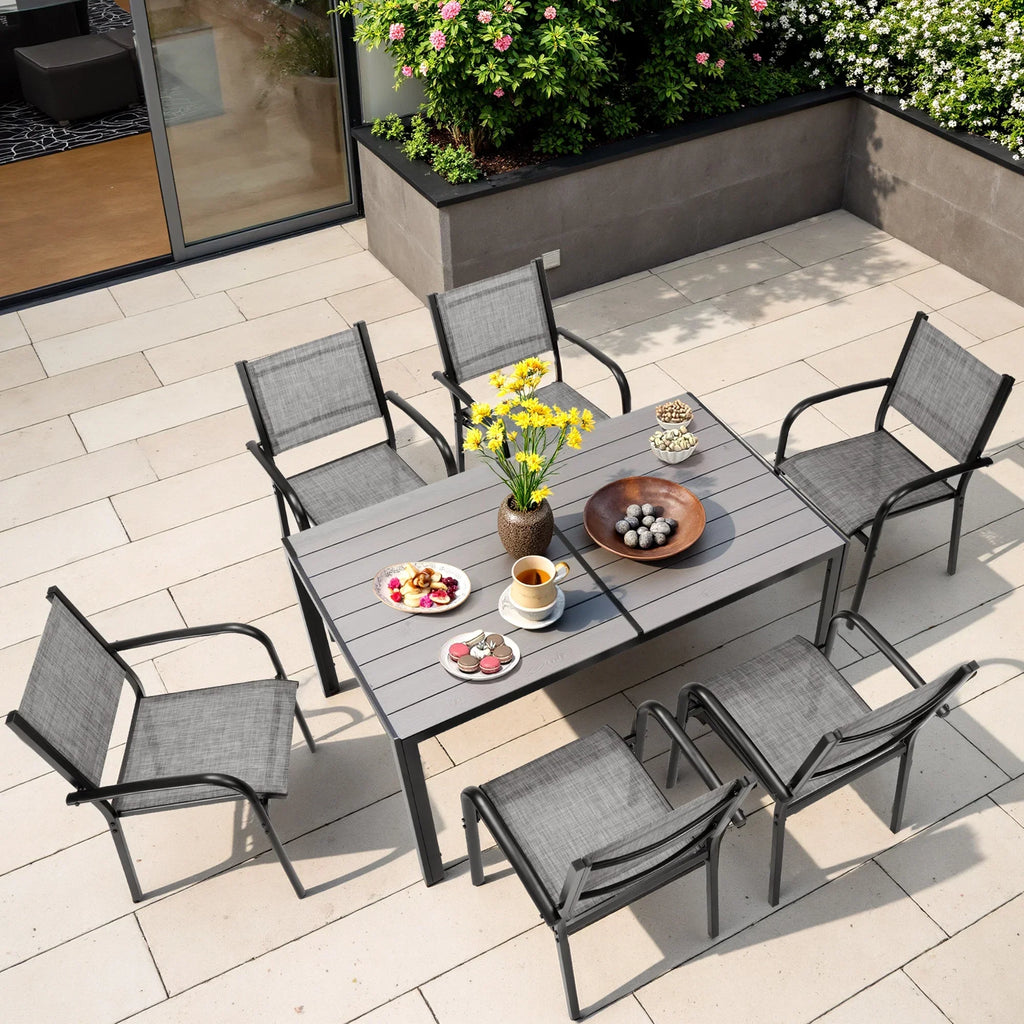 Nouveauté 2026 – Ensemble de salle à manger d'extérieur 7 pièces , comprenant une table et des chaises pour 6 personnes, un plateau en plastique imitation bois et un mobilier de jardin en textilène. Idéal pour terrasse ou patio