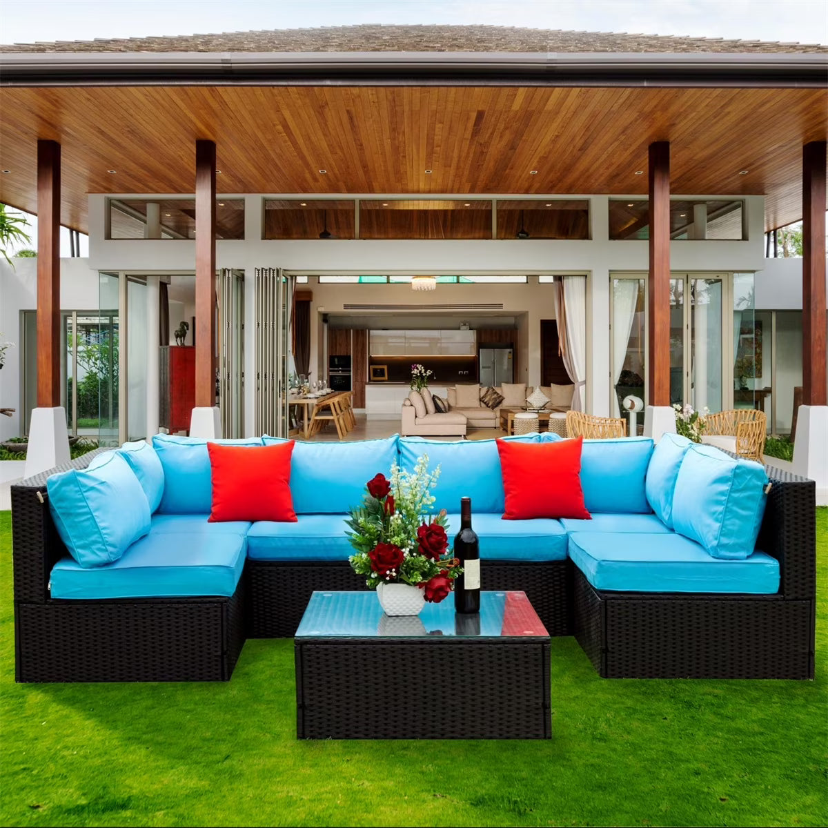 Nouveauté 2026 – Ensemble de mobilier de patio 7 pièces , canapé d'angle en rotin PE, ensemble de conversation avec coussins et table basse en verre, pour balcon, pelouse et jardin, gris