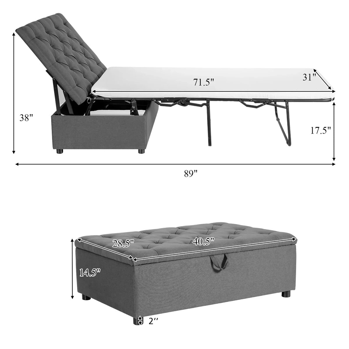 Nouveauté 2026 – Lit pliant moderne en bois massif Costway avec repose-pieds, gris