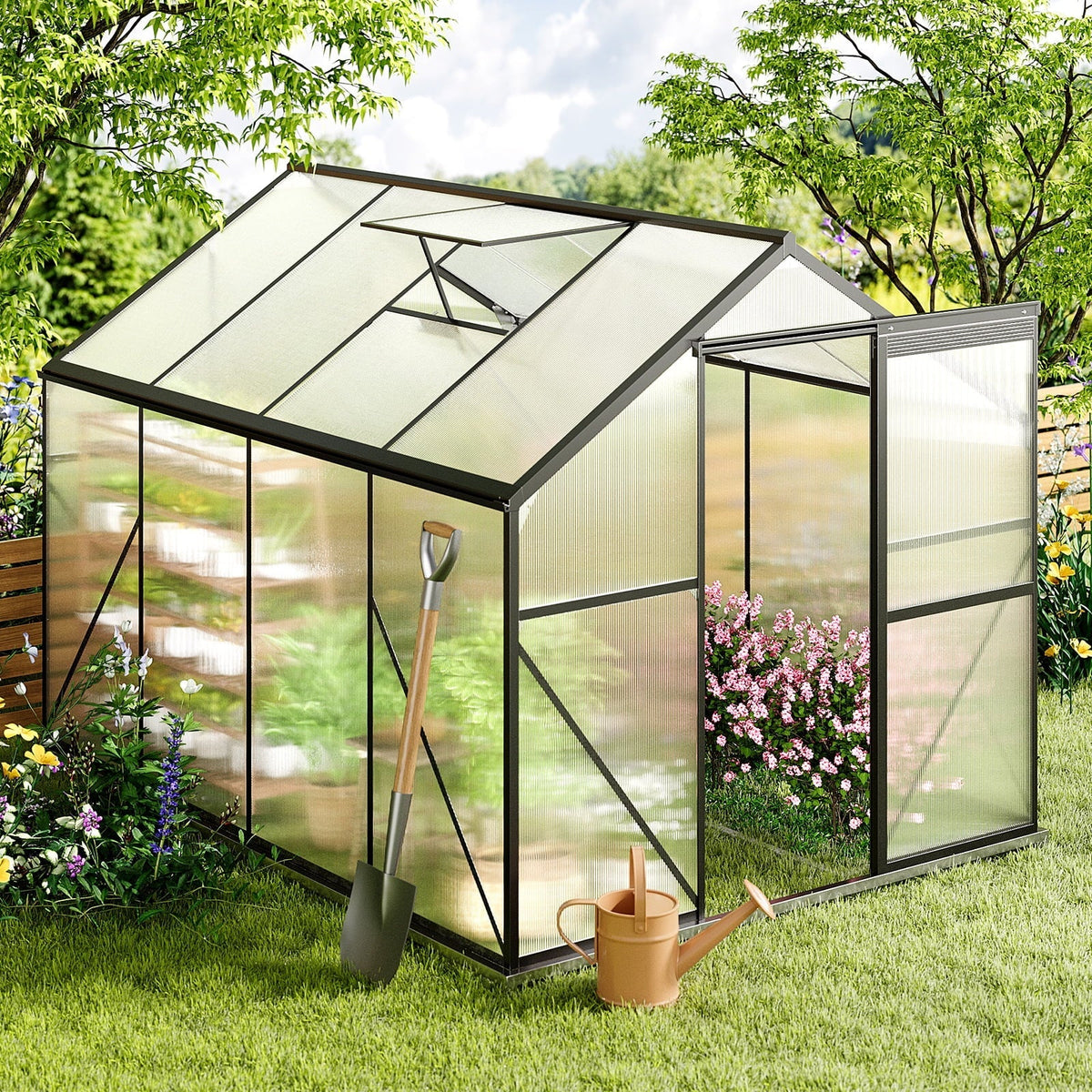 Nouveauté 2026 – Serre Asofer de 2,4 x 1,8 m avec porte à charnières verrouillable et fenêtre d'aération, véranda d'hiver en polycarbonate, noire