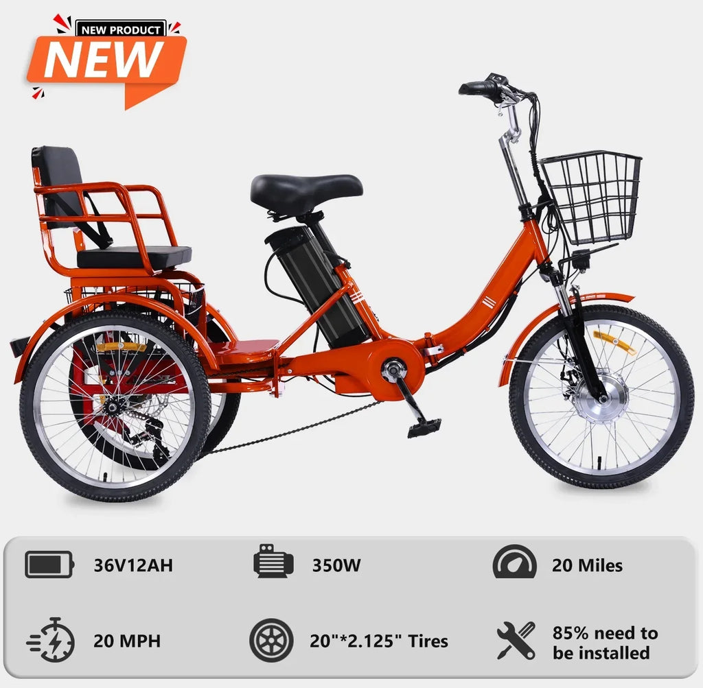 Nouveauté 2026 – Tricycle électrique NOMIGO pour adultes, pliable, à 3 roues, deux places, grand panier, moteur sans balais ultra-puissant de 350 W, batterie lithium 48 V 13 Ah, vitesse maximale de 32 km/h, orange