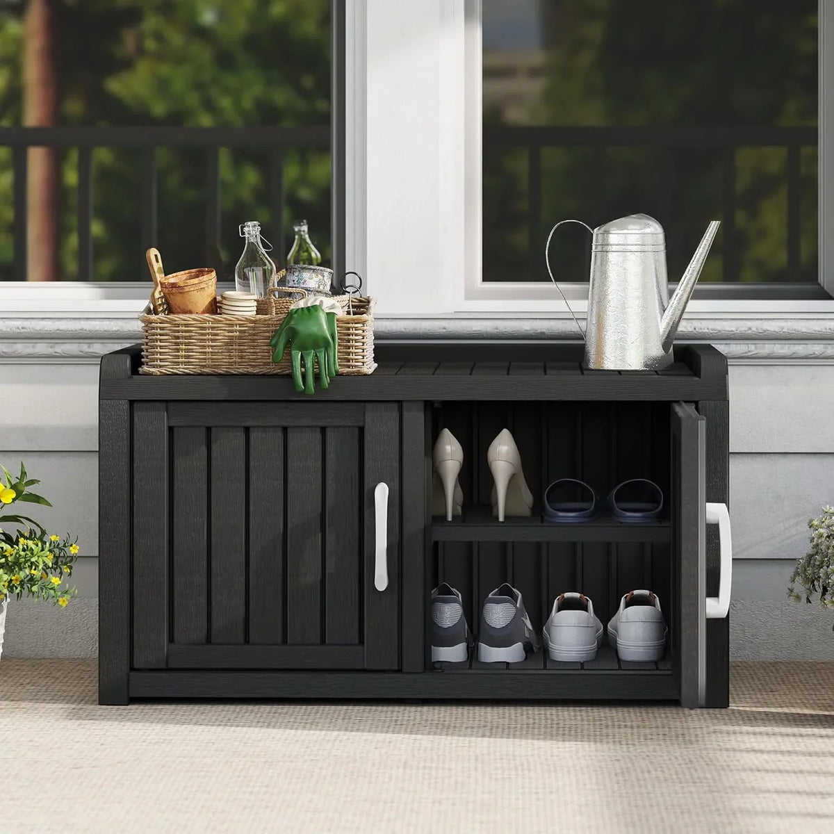 Nouveauté 2026 – Meuble de rangement à chaussures d'extérieur KAMABOKO , banc de rangement étanche et résistant aux UV pour entrée, intérieur et extérieur, avec 2 portes coulissantes de style grange et étagères réglables pour entrée, chambre, couloir