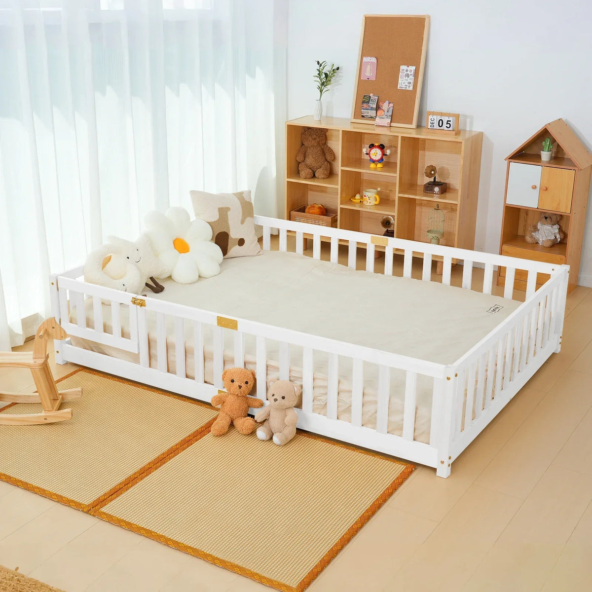 Nouveauté 2026 – Lit de sol Montessori pour tout-petits (taille jumelle), cadre de lit en bois massif avec barrière et porte, pour filles et garçons