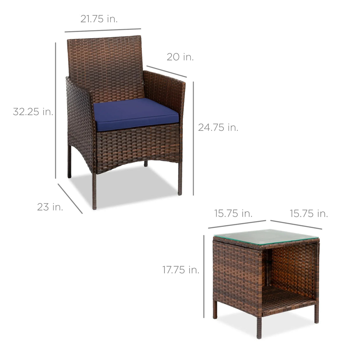 Nouveauté 2026 – Ensemble bistro de jardin 3 pièces en résine tressée Best Choice Products , avec 2 chaises et une table - Gris/Bleu marine