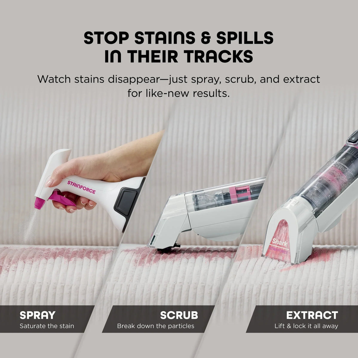 Nouveauté 2026 – Système portable sans fil Shark StainForce pour éliminer les taches et les odeurs sur les tapis, moquettes, tissus d'ameublement, escaliers et voitures, avec panier de rangement et solution de nettoyage pleine grandeur, blanc, HX100
