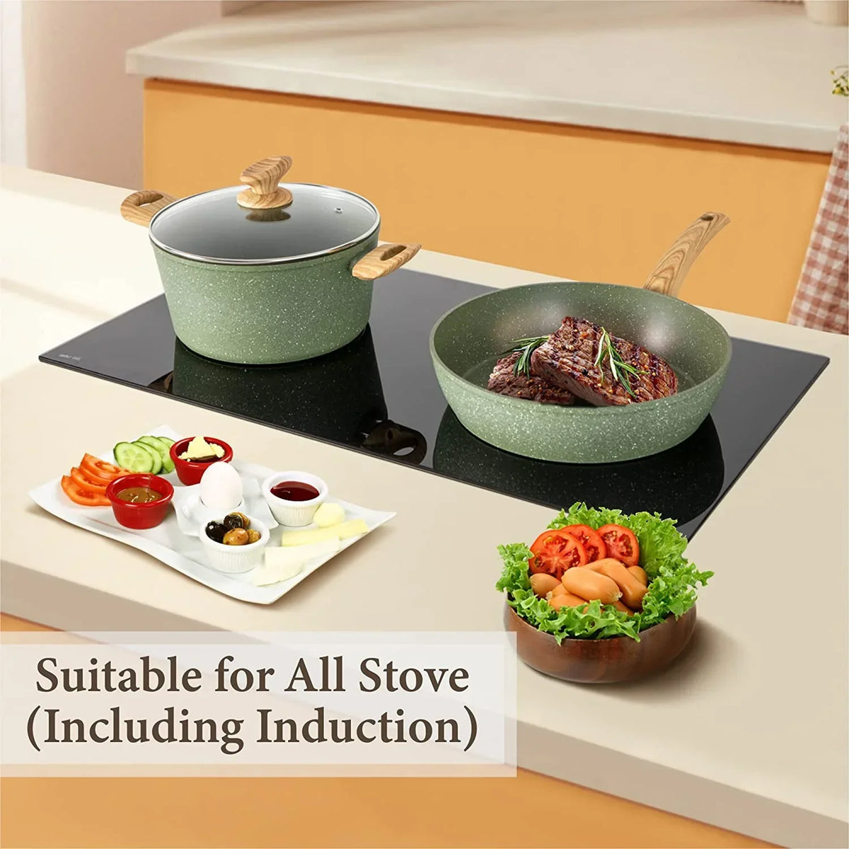 Nouveauté 2026 – Ensemble de 17 pièces de cuisine à induction Kitchen Academy avec plaque de cuisson, casseroles et poêles antiadhésives en granit vert, pour une cuisson saine