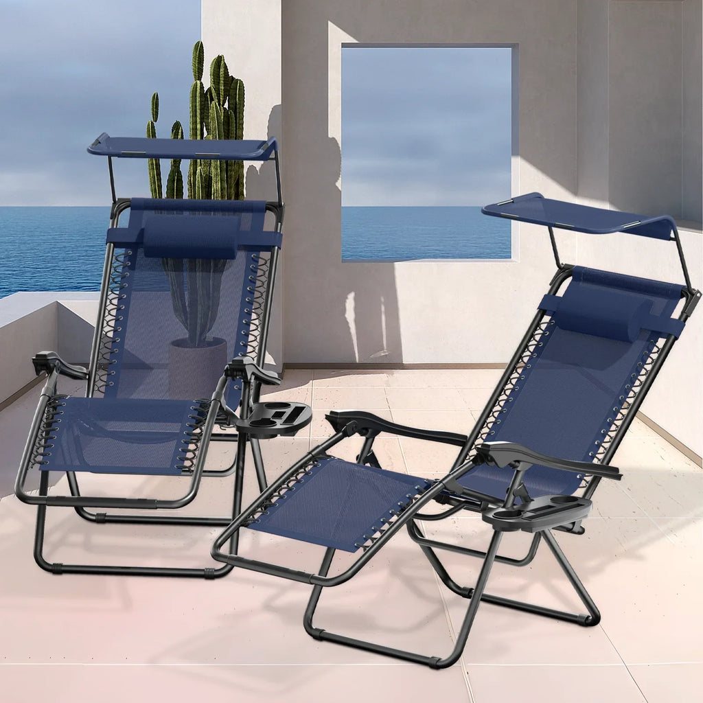 Nouveauté 2026 – Ensemble de 2 chaises MoNiBloom Zero Gravity , fauteuils de plage/terrasse pliables avec auvent et appui-tête, noirs