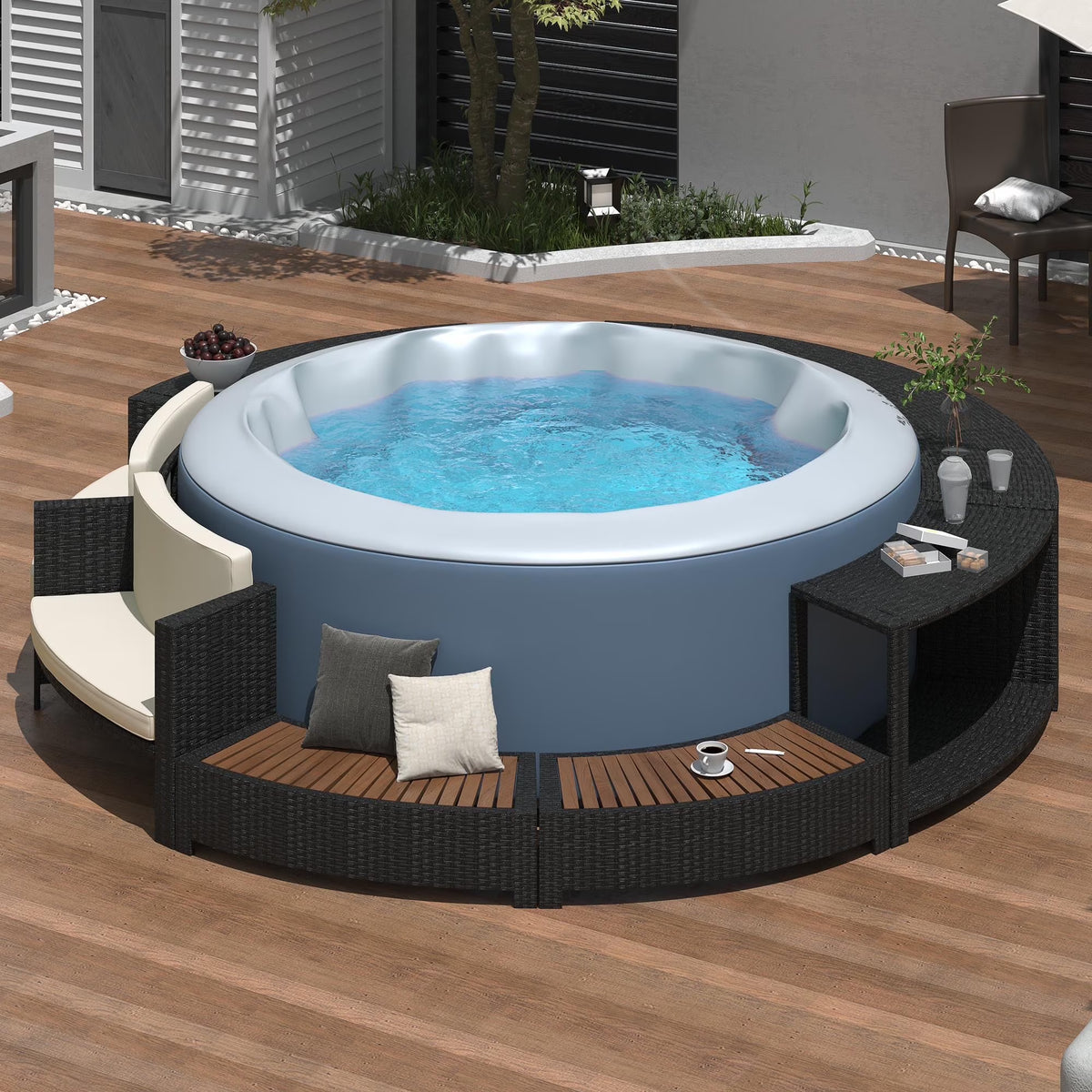 Nouveauté 2026 – Ensemble de mobilier de jardin Round pour spa , canapé d'angle en rotin avec mini-canapé, rangement pour spa en bois d'acacia massif, coussins gris