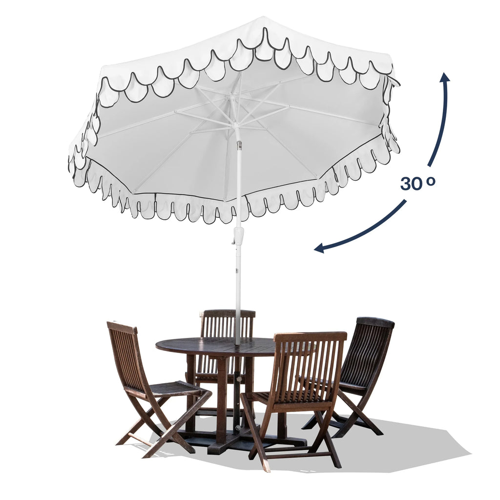 Nouveauté 2026 – Parasol de marché JONATHAN Y Tracy 2,74 m (9 pi), style classique milieu du siècle, franges festonnées, manivelle d'inclinaison automatique, aération et protection UV, rose corail/blanc, mât marron foncé