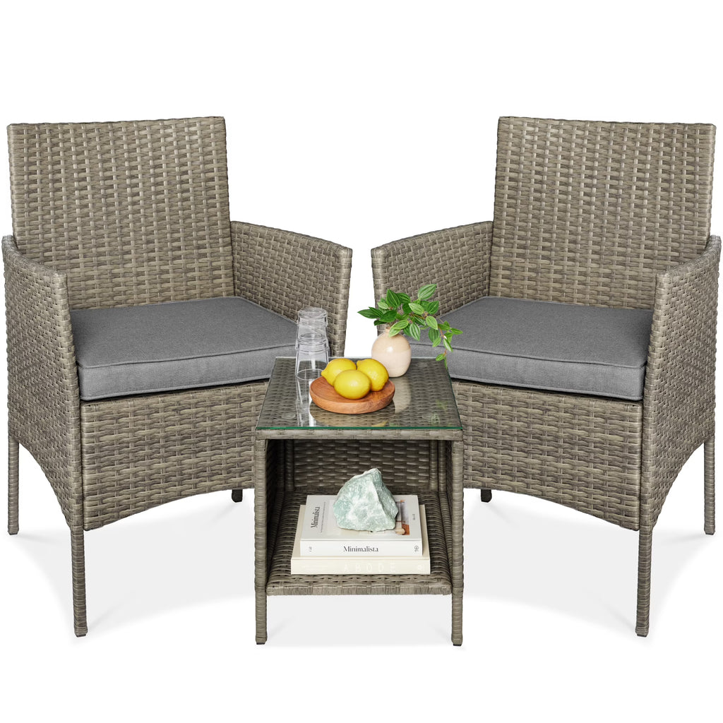 Nouveauté 2026 – Ensemble bistro de jardin 3 pièces en résine tressée Best Choice Products , avec 2 chaises et une table - Gris/Bleu marine