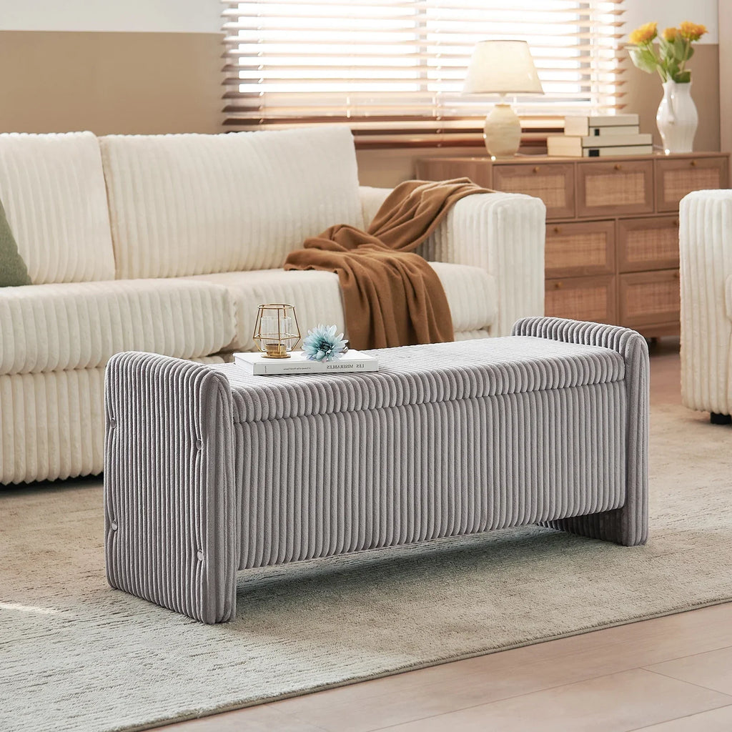 Nouveauté 2026 – Banc coffre Pinmoco de 112 cm (44 po), banc d'entrée rembourré avec rangement, idéal pour la chambre et le salon, en velours côtelé gris