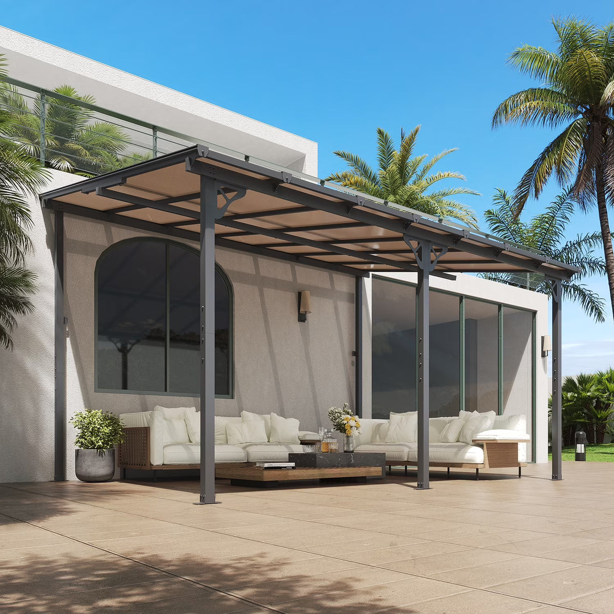 Nouveauté 2026 – Gazebo Aoxun de 2,4 m x 1,5 m pour patio, pergola avec toit incliné, grand auvent mural robuste pour barbecue, idéal pour jardin, terrasse ou patio