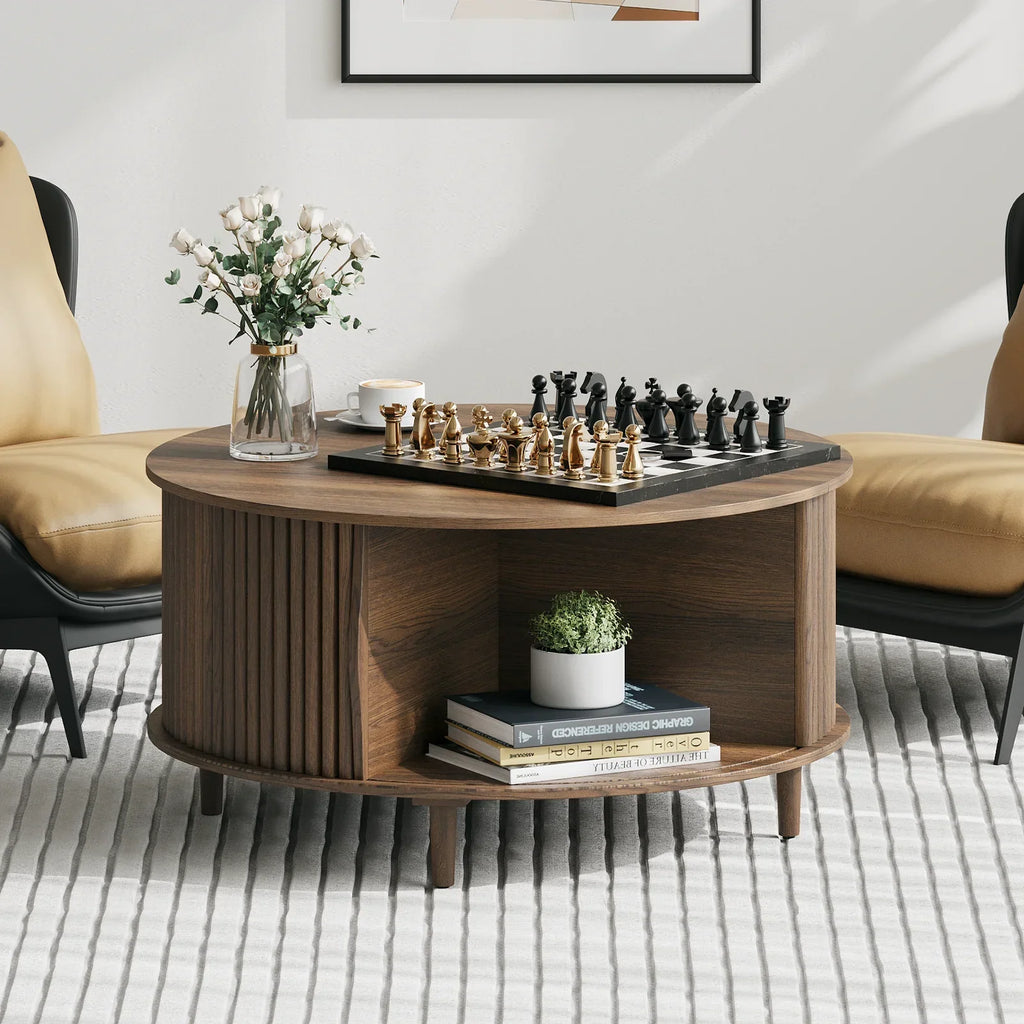 Nouveauté 2026 – Table basse ronde JOINICE avec rangement et porte coulissante, table centrale en bois de style moderne du milieu du siècle, pour salon, noyer